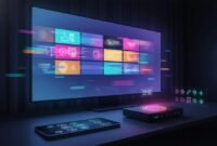 Illustration showing a streaming app concept across an Android TV screen, smartphone, and set-top box with abstract channel graphics and no text.