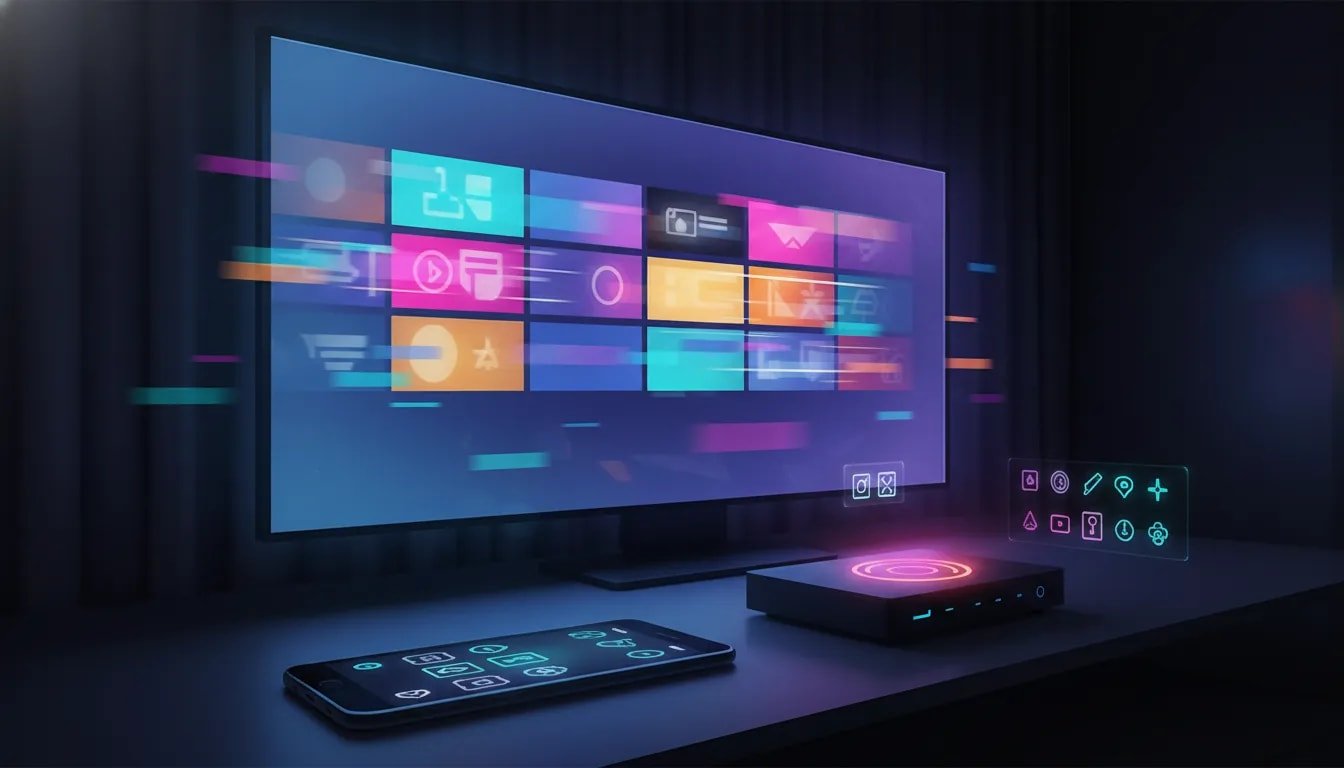 Illustration showing a streaming app concept across an Android TV screen, smartphone, and set-top box with abstract channel graphics and no text.