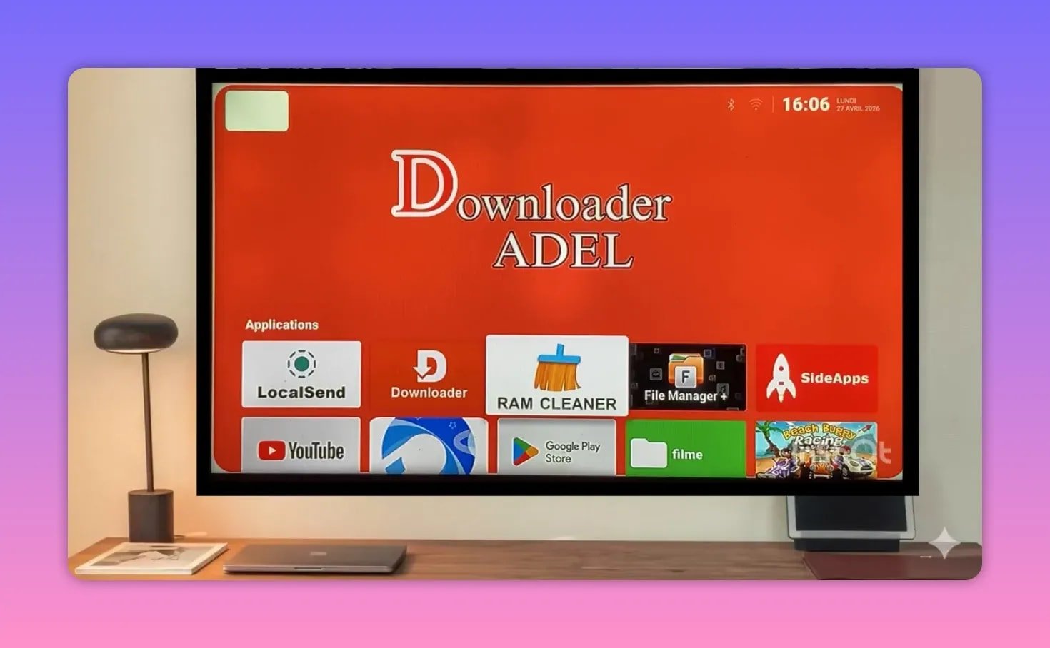 Android TV home screen with LocalSend, Downloader, RAM Cleaner, File Manager+, and SideApps icons