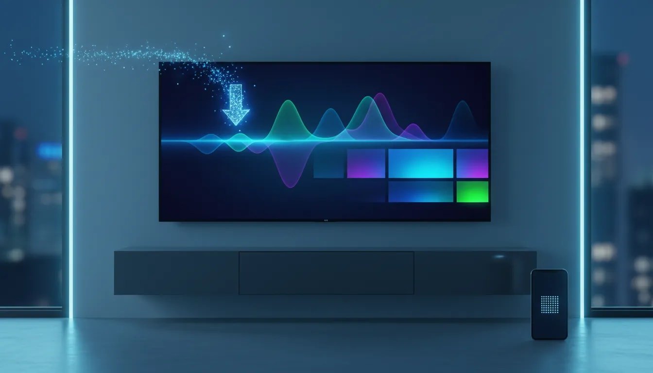 Abstract Android TV streaming installation scene with a TV interface and smartphone download concept using icons, no text.