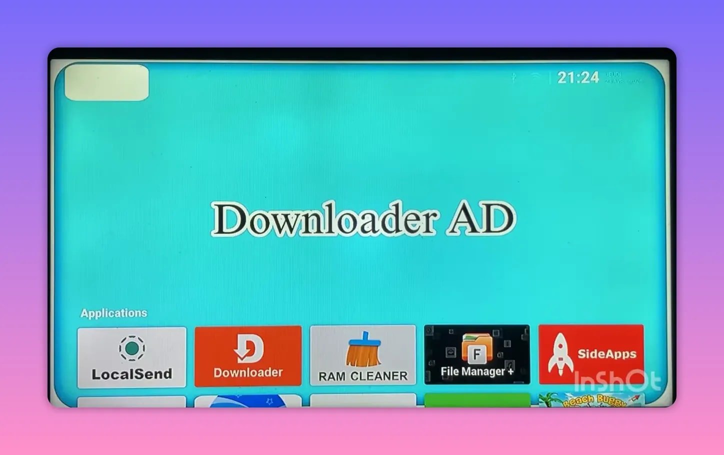 Downloader AD launcher screen showing LocalSend, Downloader, RAM Cleaner, File Manager and SideApps icons