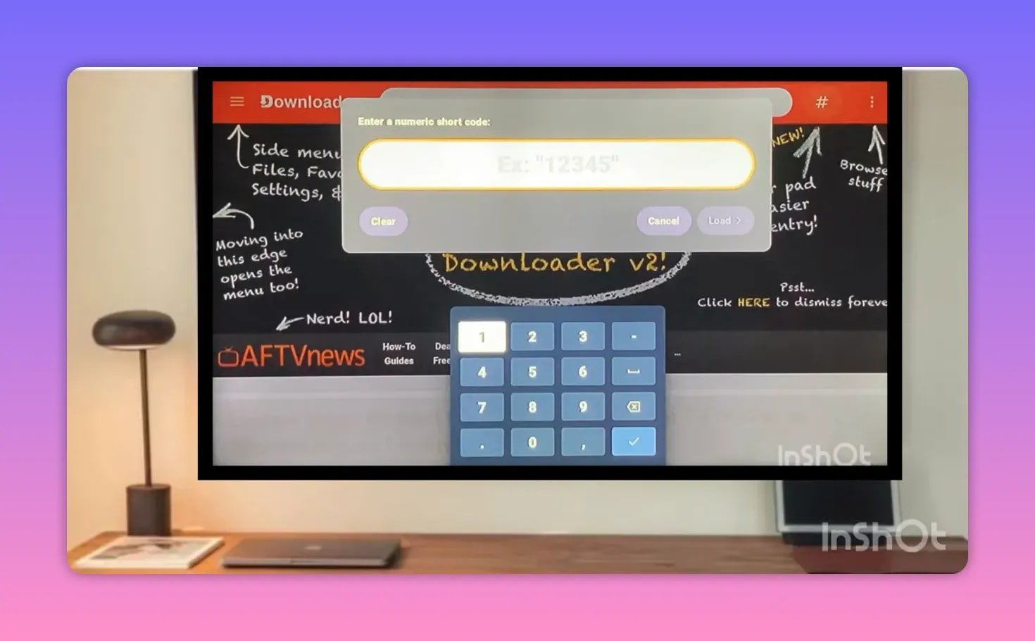 Downloader code entry dialog with numeric keypad on Android TV