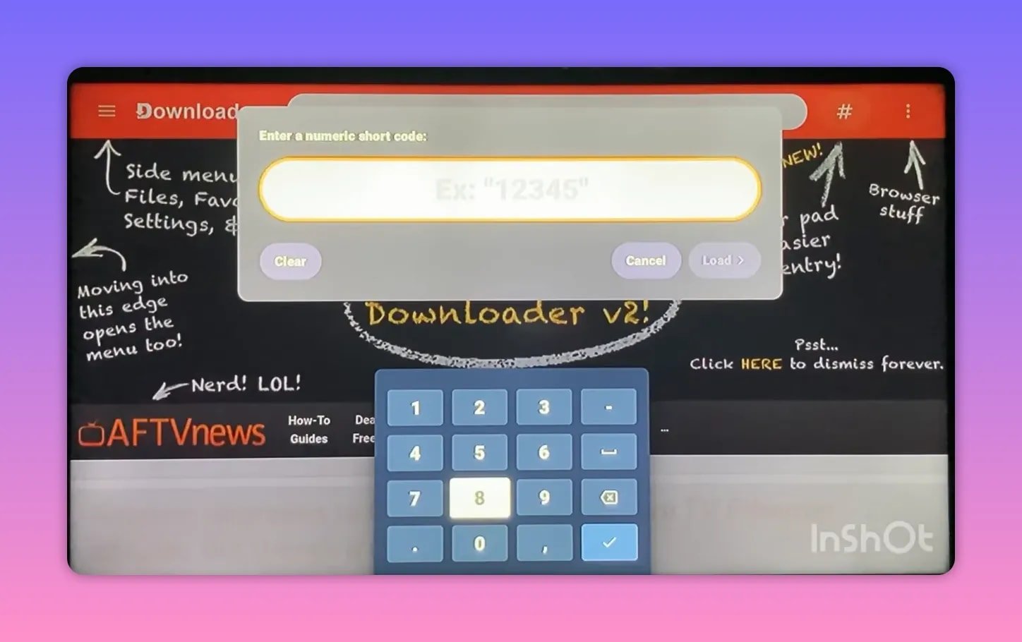 Downloader numeric short code entry screen with keypad