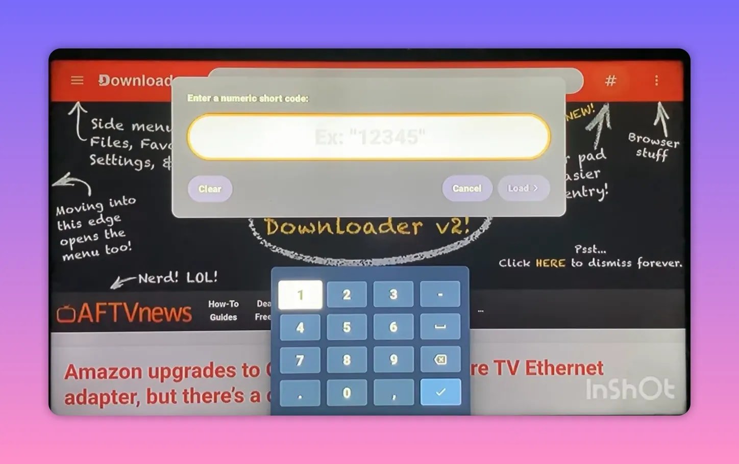 Downloader enter numeric short code dialog with keypad