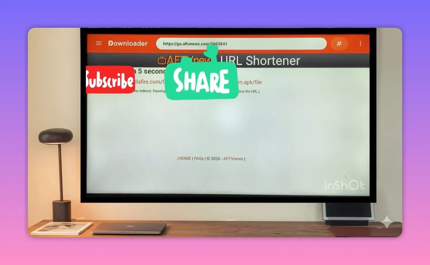 Smart TV screen showing the Downloader app redirecting to the app download page