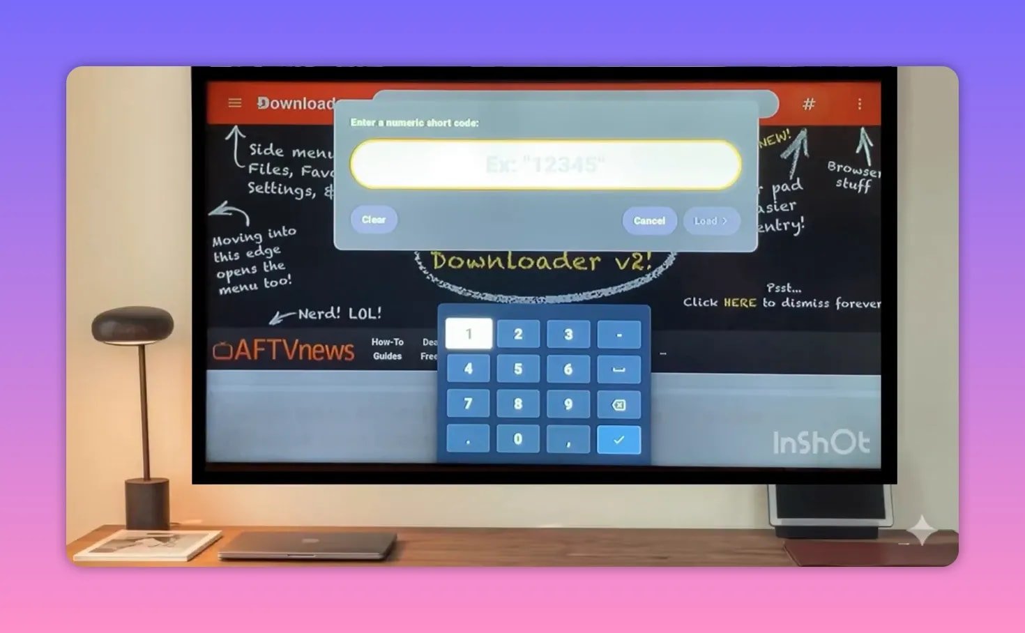 Downloader short code entry box with numeric keypad ready for input on smart TV