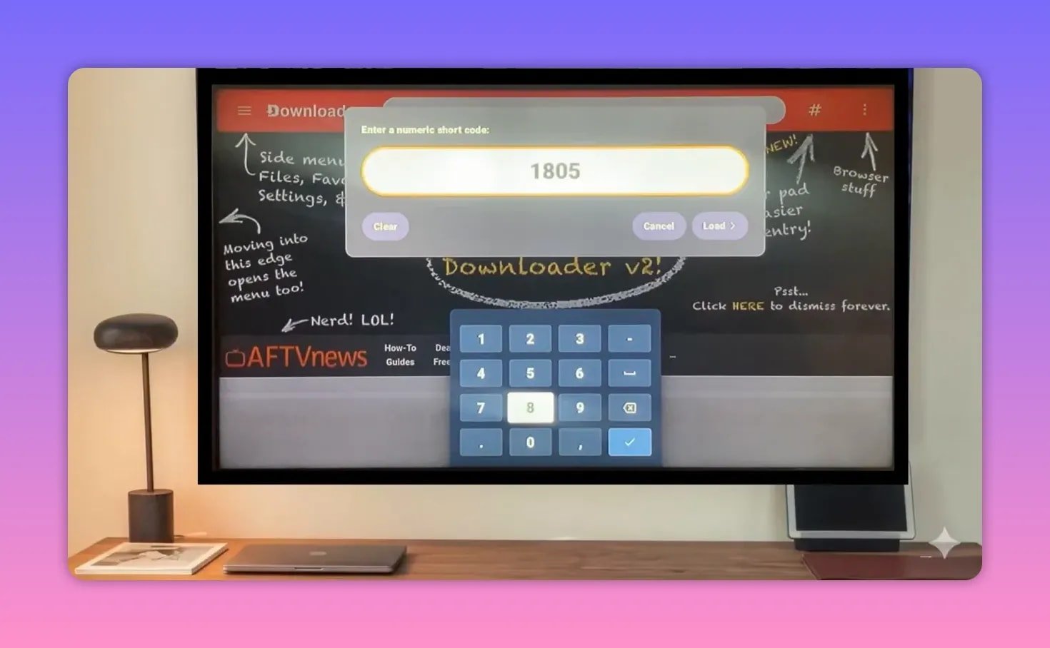 Downloader V2 numeric short code field filled with partial code and keypad displayed