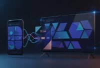 Sleek smartphone and smart TV connected with a polished streaming app interface concept, featuring abstract sports content shapes and wireless signals—no text.