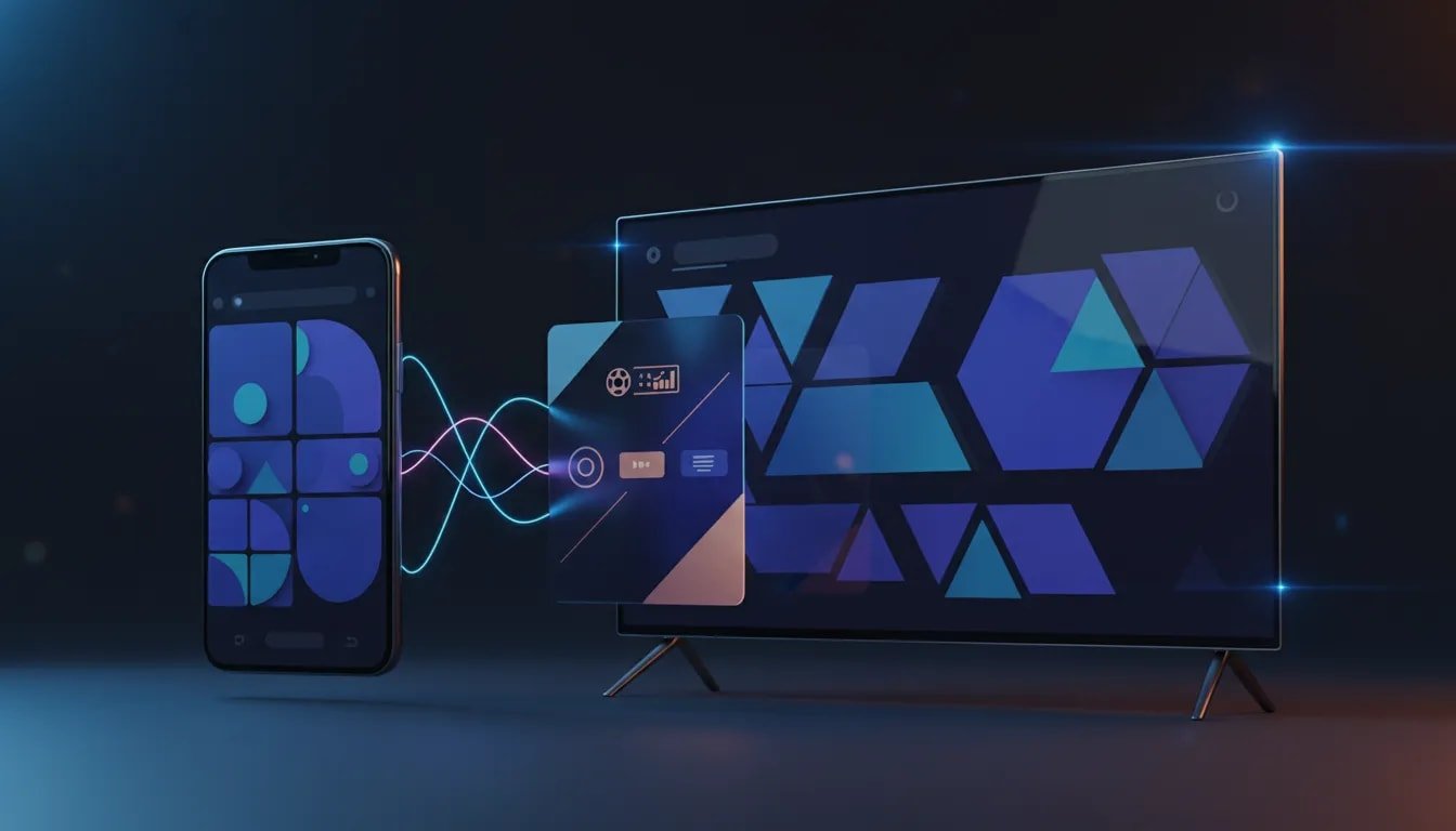 Sleek smartphone and smart TV connected with a polished streaming app interface concept, featuring abstract sports content shapes and wireless signals—no text.