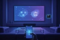 Futuristic illustration of a smart TV and phone with an abstract streaming interface representing a returning TV app update, featuring sports and Arabic content themes without any text.
