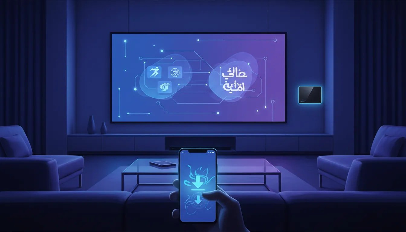 Futuristic illustration of a smart TV and phone with an abstract streaming interface representing a returning TV app update, featuring sports and Arabic content themes without any text.