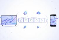 Illustration showing a smooth app installation flow for a smart TV and smartphone with connected step icons and high-quality UI visuals, without any text.