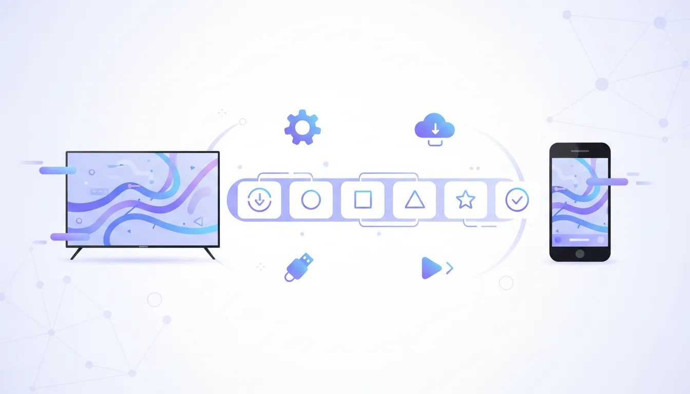 Illustration showing a smooth app installation flow for a smart TV and smartphone with connected step icons and high-quality UI visuals, without any text.