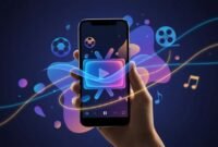 A modern smartphone displaying an abstract TV-like streaming interface with smooth motion light trails and sports entertainment themed icons, representing a streaming app update with reliable high-quality playback.