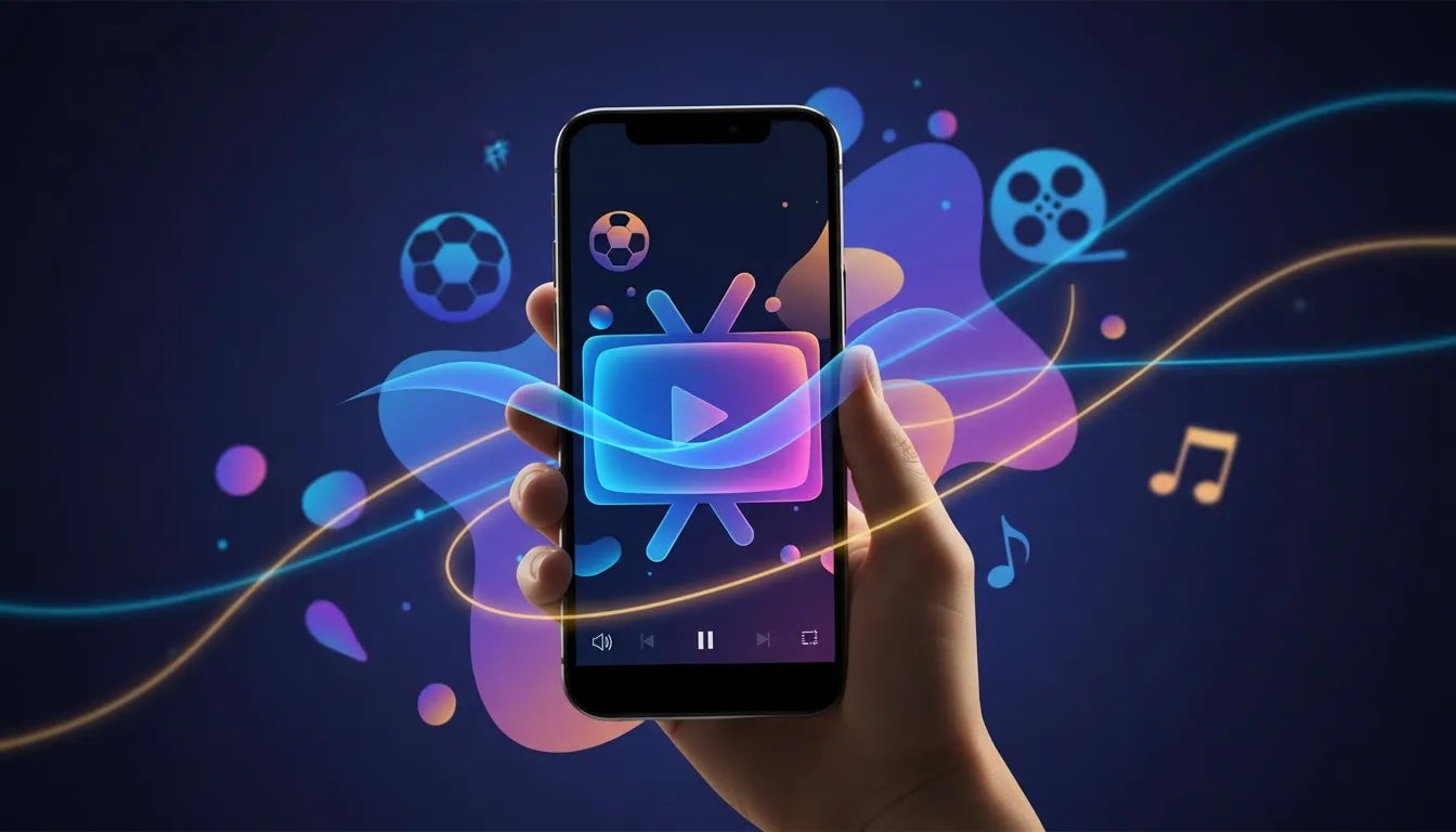 A modern smartphone displaying an abstract TV-like streaming interface with smooth motion light trails and sports entertainment themed icons, representing a streaming app update with reliable high-quality playback.