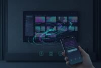Illustration showing a smartphone and Android TV/Google TV streaming setup connected with a glowing downloader-style code, with abstract install and play icons (no text).