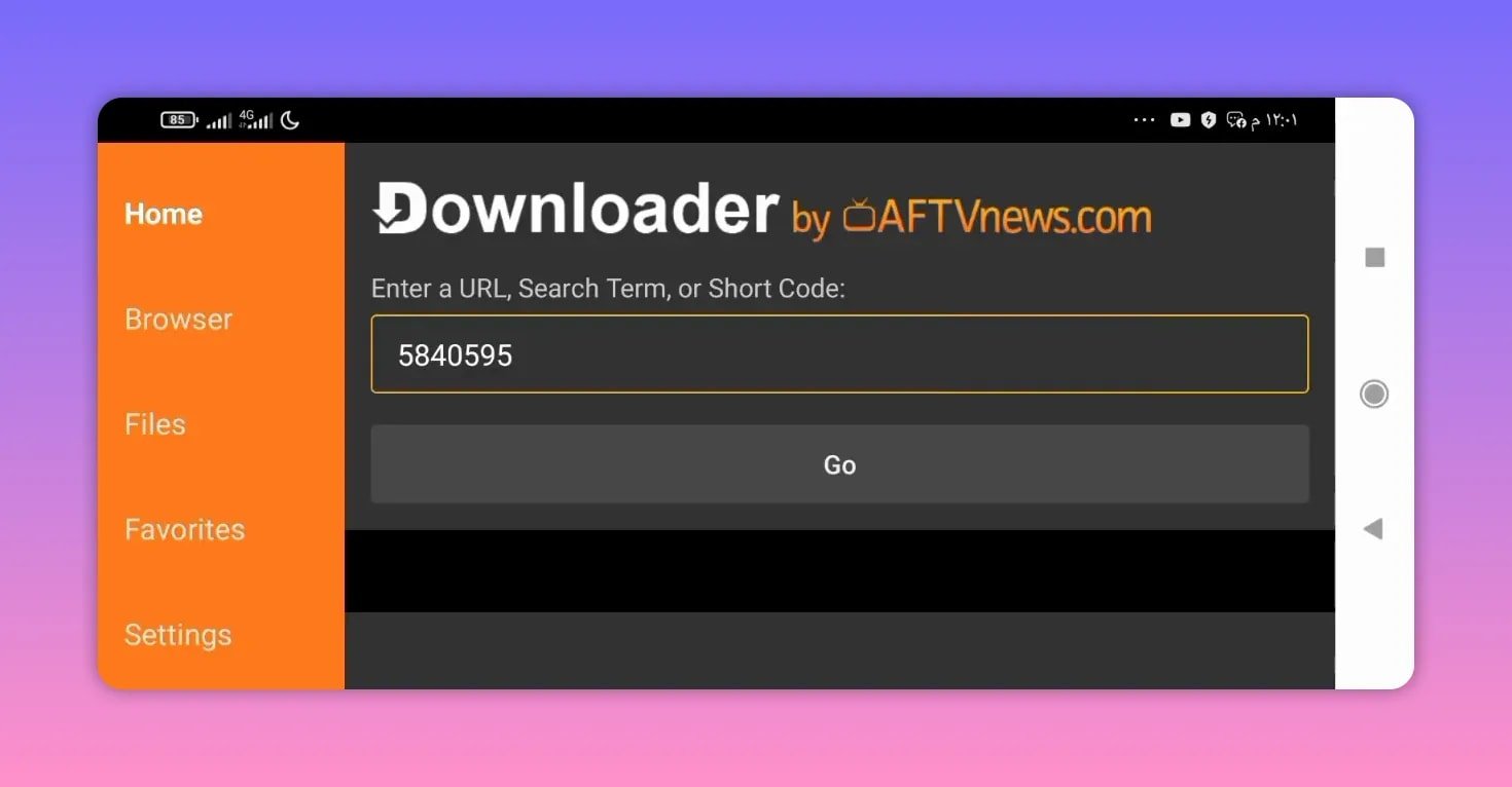 Downloader app showing the Rodo TV code entered in the short code field