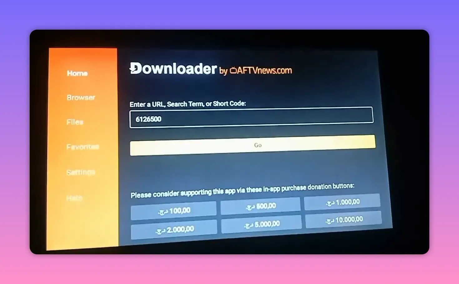 Downloader app screen with the Kira TV short code 6126500 entered