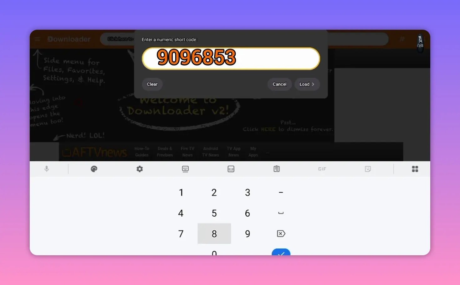 Downloader app dialog showing numeric short code entry for installing an APK