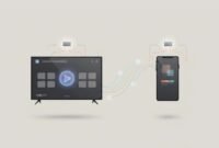 Illustration showing installation of a streaming app on an Android TV and Android phone with abstract connection and server options, no text