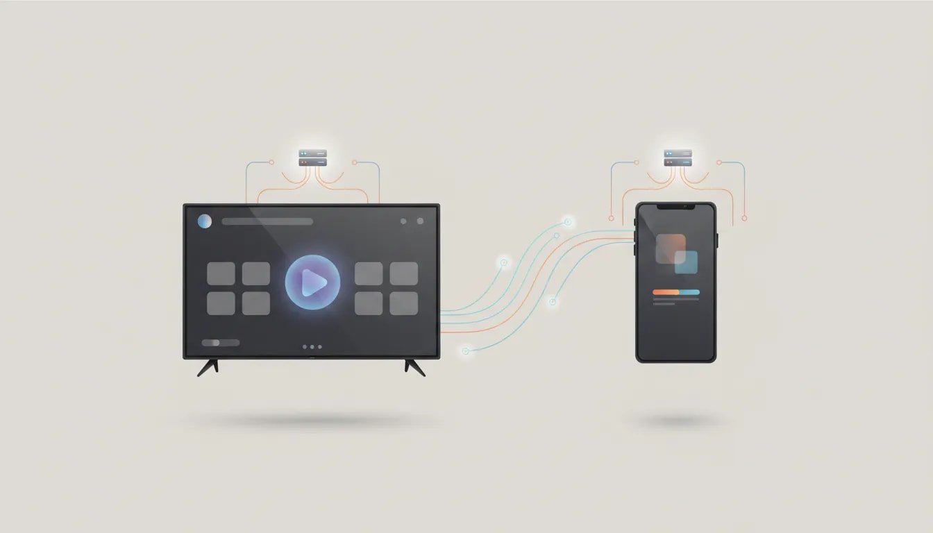 Illustration showing installation of a streaming app on an Android TV and Android phone with abstract connection and server options, no text