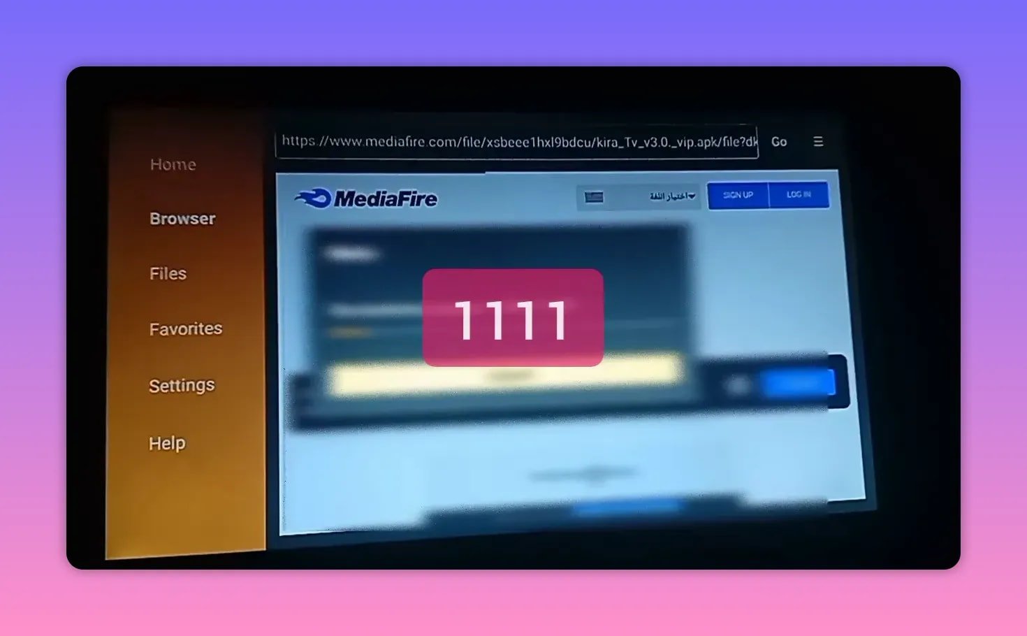 Kira TV activation code entry screen displaying 1111 on a MediaFire download page