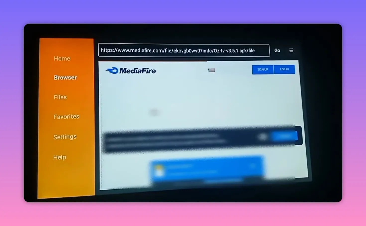 MediaFire APK download page for OZ TV after entering Downloader code