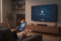 Person installing a streaming app on a smart TV using a smartphone, with activation and cleanup visual cues, no text.