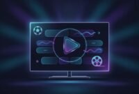 Illustration of a lightweight Android TV streaming app interface on a smart TV with sports and entertainment themed abstract icons, no text.