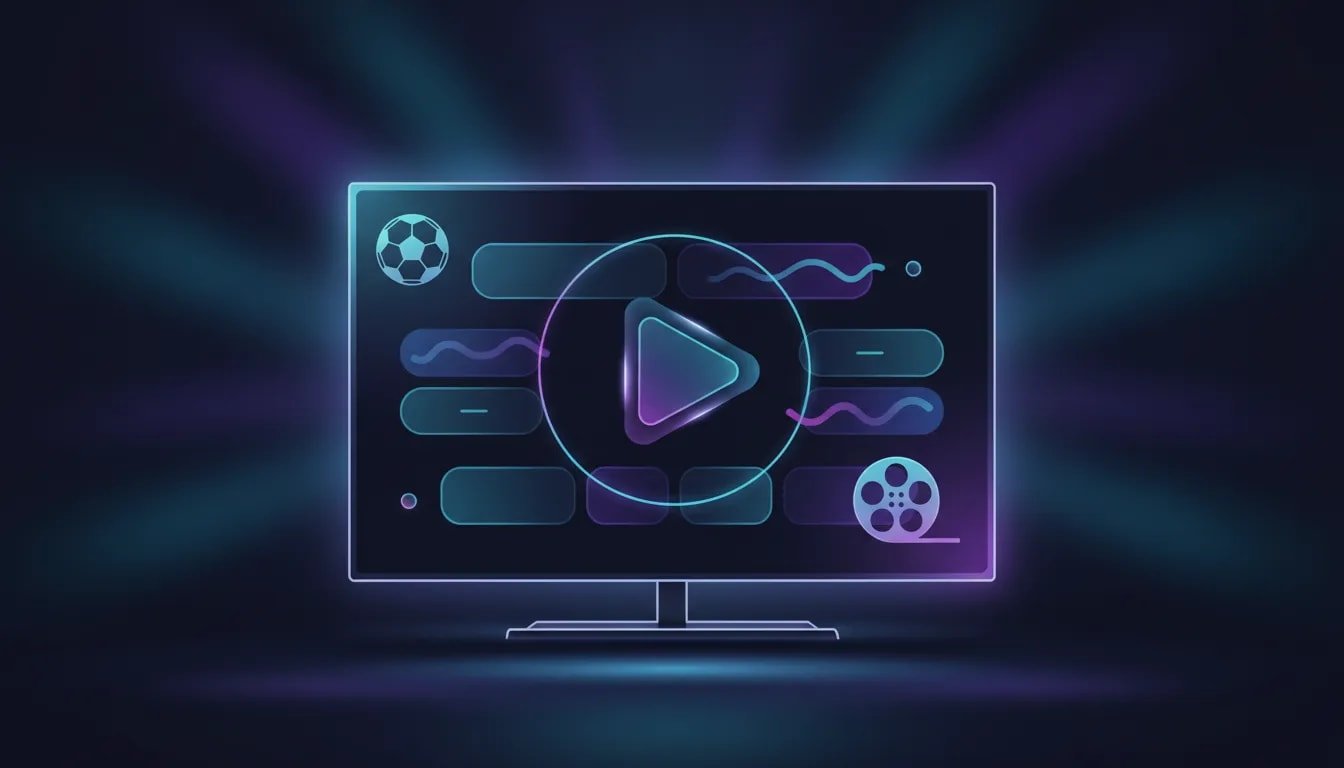 Illustration of a lightweight Android TV streaming app interface on a smart TV with sports and entertainment themed abstract icons, no text.