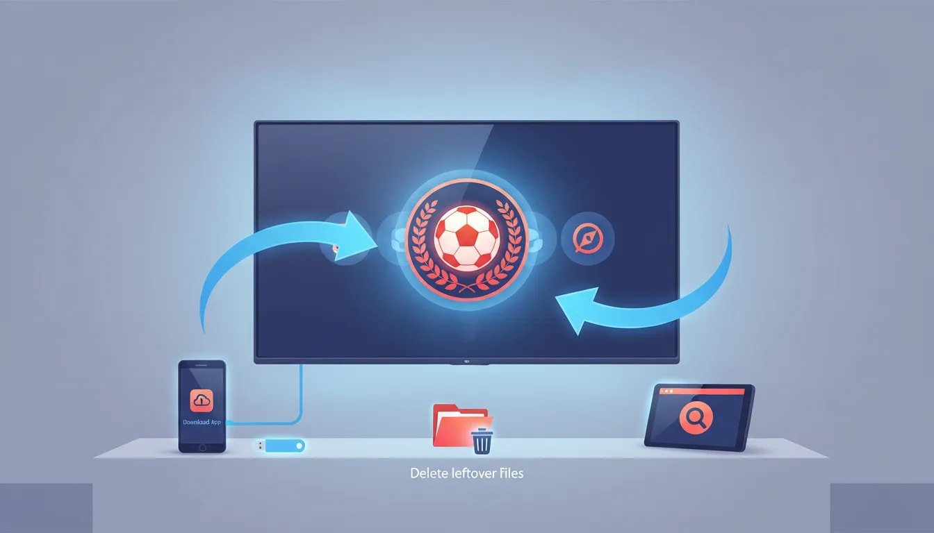 Infographic showing smart TV installation process for Live Plus 2026 using downloader, TV browser, deleting leftover files, and copying to a USB drive with symbolic arrows and icons