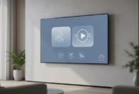 Realistic smart TV in a living room with icon-only visual cues representing installing a streaming app, setting up a video player, and backing up/clearing leftover files—no text shown.