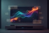 Abstract illustration of smooth live TV streaming on a smart Android TV with glowing streaming icons and a modern living room scene, with no text or logos.