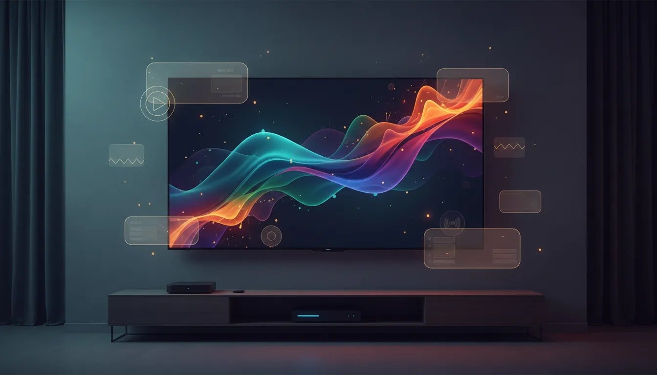 Abstract illustration of smooth live TV streaming on a smart Android TV with glowing streaming icons and a modern living room scene, with no text or logos.