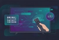 Illustration of installing an IPTV-style Android TV app using a remote and download/install icons on a smart TV screen, with no text.
