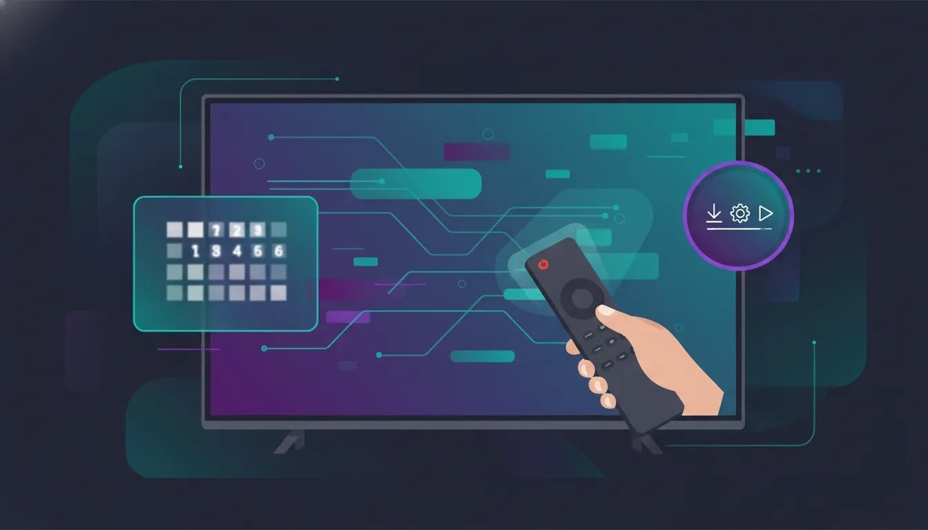 Illustration of installing an IPTV-style Android TV app using a remote and download/install icons on a smart TV screen, with no text.