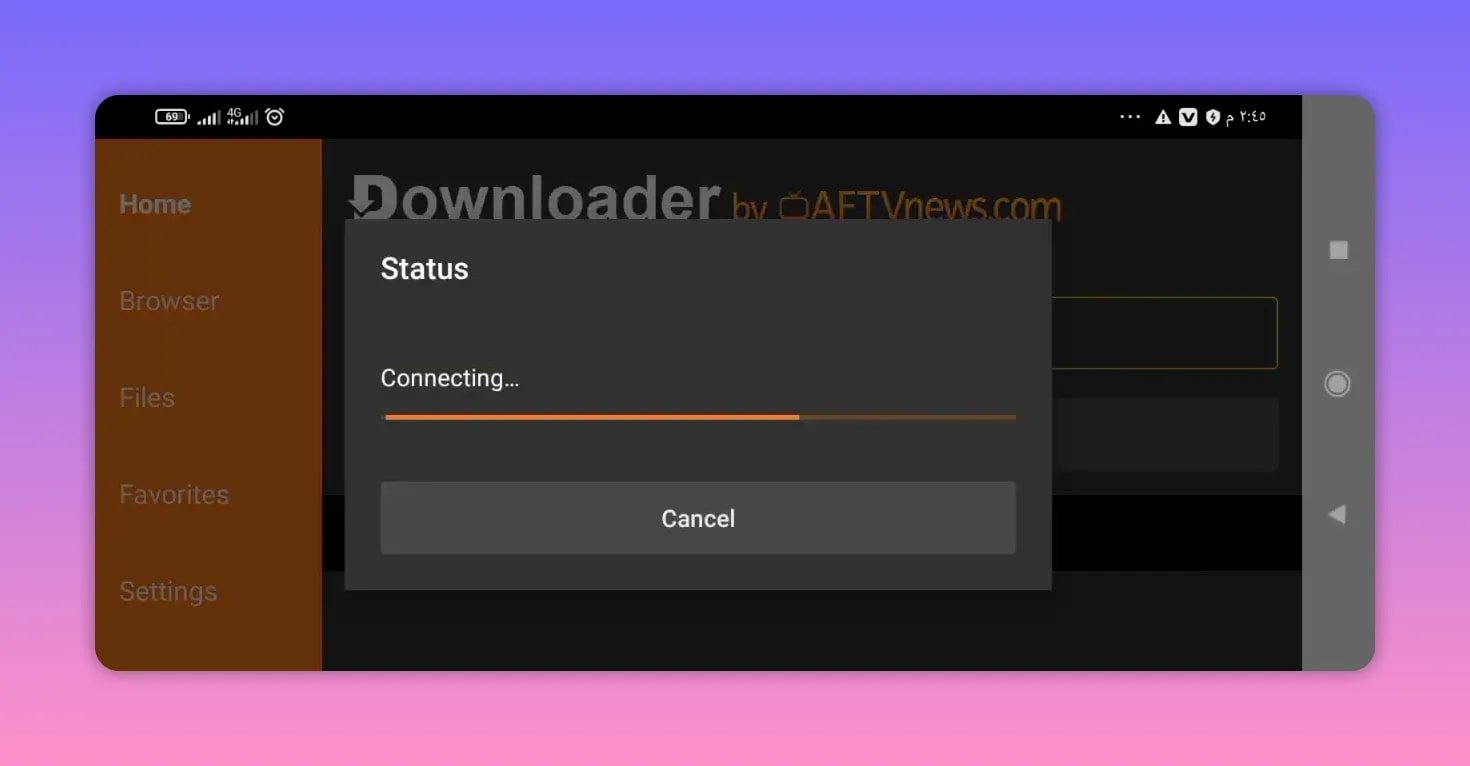 Downloader browser status screen showing connecting while redirecting to the Todplus APK download page