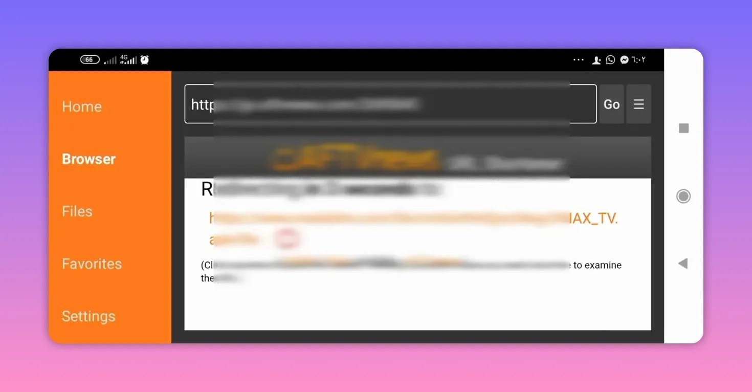 Downloader redirected page showing the xmax TV file listing to select for download