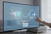 Illustration of reinstalling an app on a smart TV using a file manager, with icons showing remove and reinstall steps (no text).