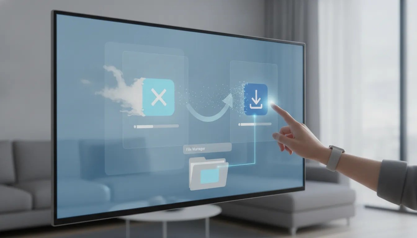 Illustration of reinstalling an app on a smart TV using a file manager, with icons showing remove and reinstall steps (no text).