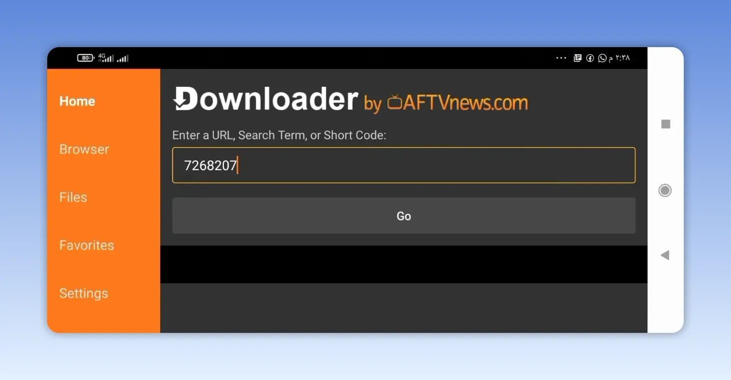 Downloader app home screen with code 7268207 entered in the input field and a Go button below