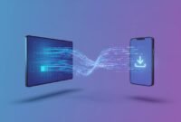 Abstract tech illustration showing an Android TV screen and smartphone downloading an app using a code-like connection, with no text.