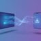 Abstract tech illustration showing an Android TV screen and smartphone downloading an app using a code-like connection, with no text.