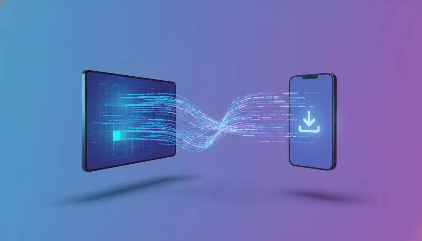 Abstract tech illustration showing an Android TV screen and smartphone downloading an app using a code-like connection, with no text.